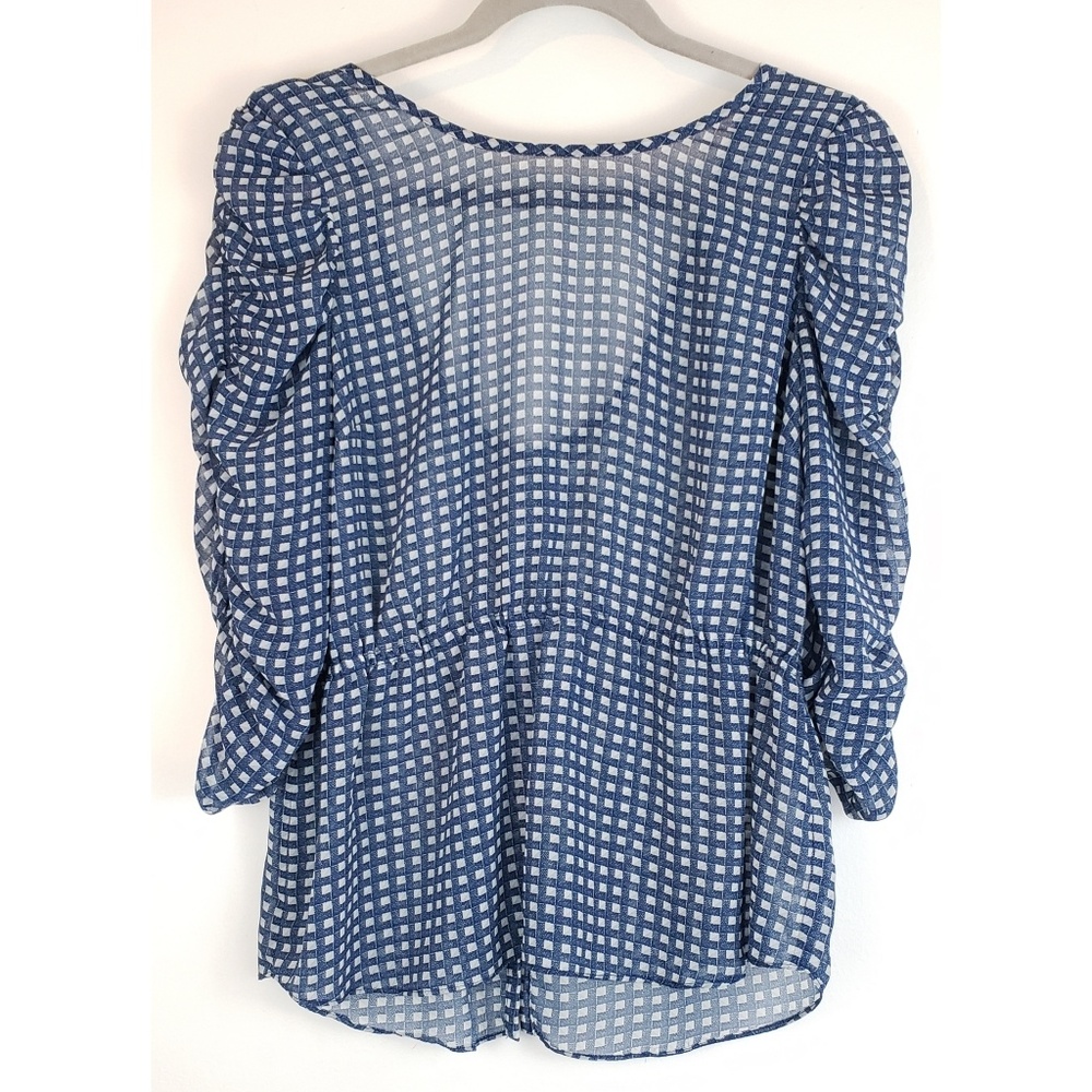 Ecoté | Blue White 3/4 Ruched Sleeves Blouse